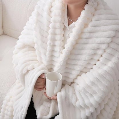 Cream White Fleece Throw Blanket 60”×80” for Couch Sofa Bed,Super Soft Cozy Plush Microfiber Flannel Blanket with Stripes Design Lightweight for Adults,Woman,Girls
