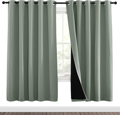 NICETOWN 100% Blackout Window Curtain Panels, Full Light Blocking Drapes with Black Liner for Nursery, 72-inch Drop Thermal Insulated Draperies (Greyish Green, 2 Pieces, 70-inch Wide Per Panel)