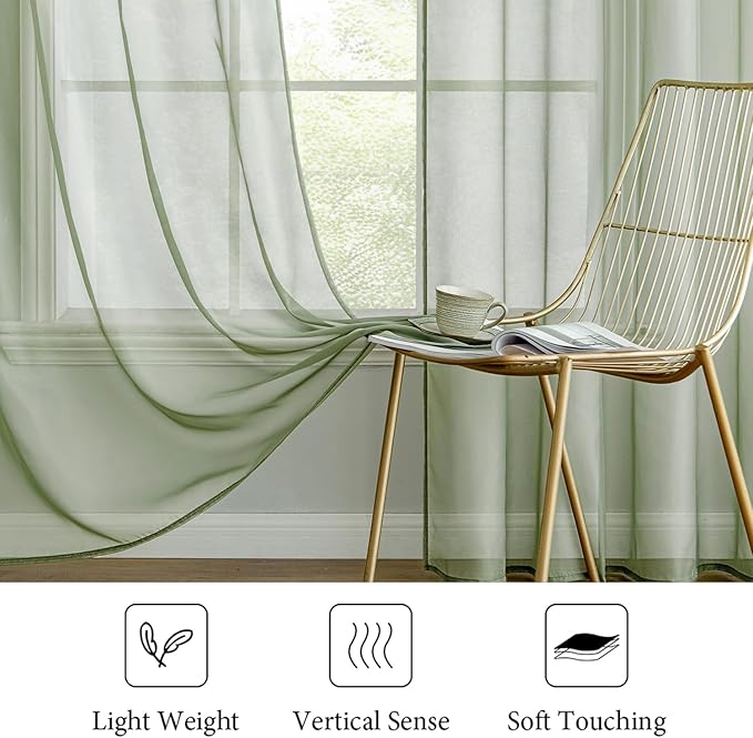 MIULEE 2 Panels Sage Green Sheer Window Curtains Elegant Window Voile Panels/Drapes/Treatment for Bedroom Living Room (54X45 Inches)