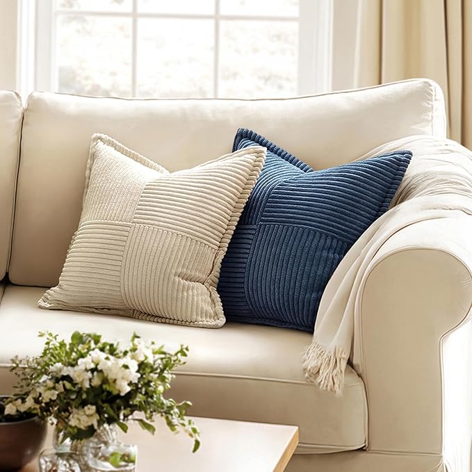 MIULEE Decorative Throw Pillow Covers for Couch Bed Livingroom 20x20 Inch Set of 2 Blue Boho Accent Throw Pllows Broadside Striped Patchwork Soft Corduroy Summer Coastal Pillowcases