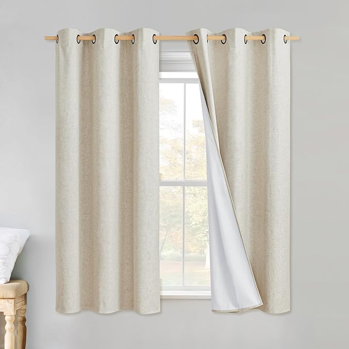 NICETOWN Linen Blackout Curtains 45" Long for Classroom, Beige, Set of 2, Short Kitchen Burlap Linen 100% Blackout Drape Panels for Night Shift, Great Job for Blocking Light