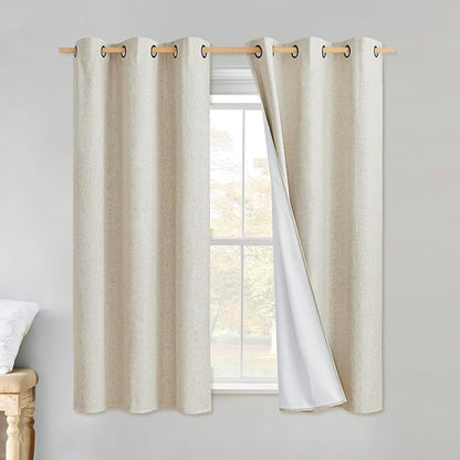 NICETOWN Linen Blackout Curtains for Kitchen, Beige, 2 Panels, 34" Wide x 60" Long, Short Kitchen Burlap Linen 100% Blackout Drape Panels for Night Shift, Great Job for Blocking Light