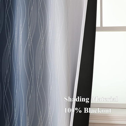 Estelar Textiler Grayish White and Navy Blue Blackout Curtains for Living Room, Ombre Thermal Insulated Noise Reducing Blackout Drapes for Bedroom, Room Darkening Grommet Curtains, 42Wx63L, 2 Panels
