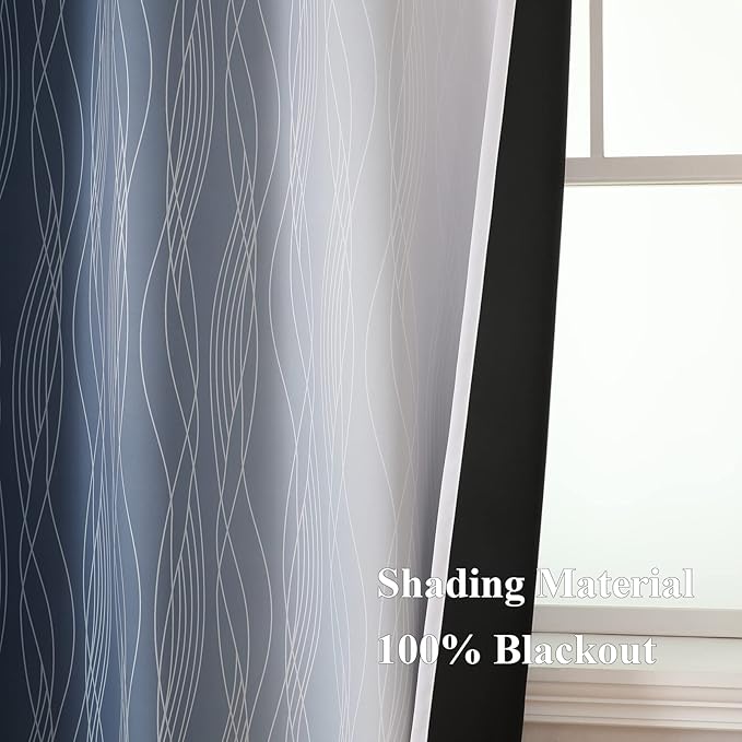 Estelar Textiler Full Room Darkening Greyish White and Navy Blue Blackout Curtains 54 Inch Length 2 Panels Set,Ombre Thermal Insulated Full Light Blocking Grommet Blackout Drapes for Kitchen,52Wx54L