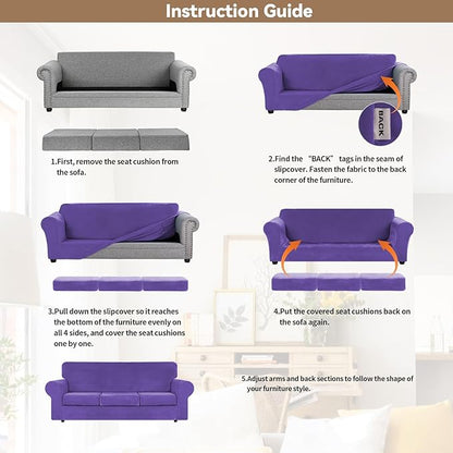 WEERRW 4 Pieces Velvet High Stretch Couch Covers for 3 Cushion Couch Sofa Slipcovers, Washable Furniture Protector with Non Slip Elastic Bottom, Feature Soft and Thick Plush Fabric, Purple, Large
