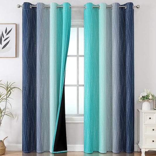 Estelar Textiler Navy Blue and Teal Gradient Blackout Curtains for Sliding Door, Thermal Insulated Ombre Blackout Drapes, Full Light Blocking Energy Saving Curtains for Living Room,52Wx108L,2 Panels