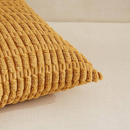 Fancy Homi 4 Packs Mustard Yellow Decorative Throw Pillow Covers 14x24 Inch for Couch Bed Sofa, Rustic Farmhouse Boho Home Decor, Soft Plush Striped Corduroy Square Cushion Case 35x60 cm