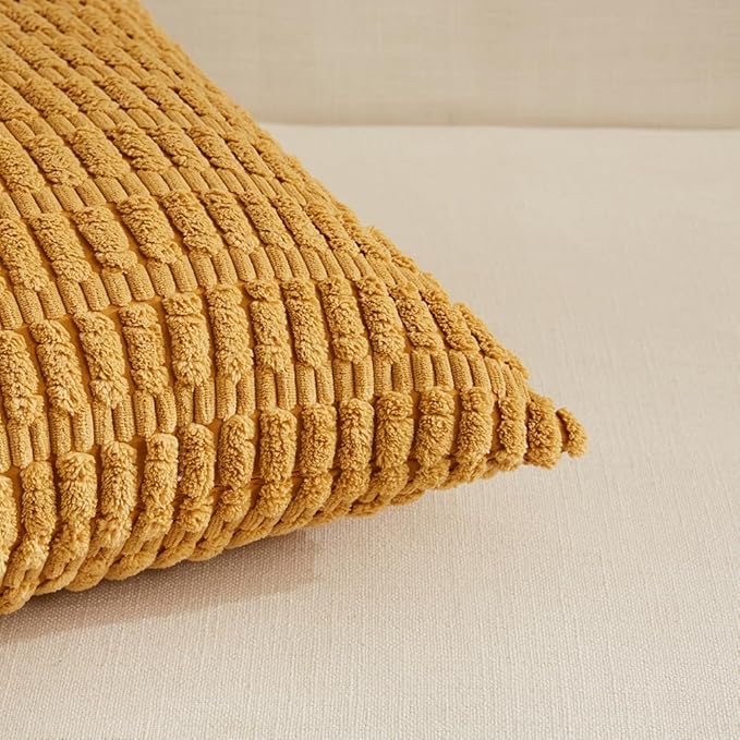 Fancy Homi 4 Packs Mustard Yellow Decorative Throw Pillow Covers 16x24 Inch for Living Room Couch Bed Sofa, Rustic Farmhouse Boho Home Decor, Soft Plush Striped Corduroy Square Cushion Case 40x60 cm