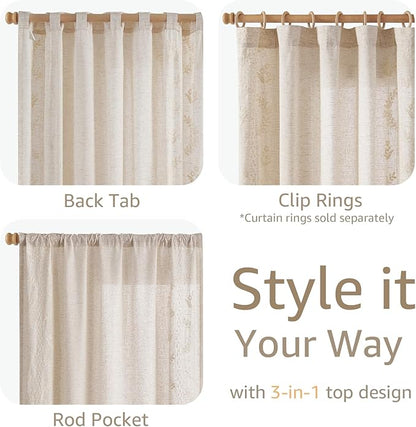 jinchan Belrose Linen Curtains for Bedroom Floral Curtains 63 Inch Length Linen Blend Ivory Embroidered Drapes Farmhouse Flower Patterned Drapes for Living Room Window Treatments Sets 4 Panels