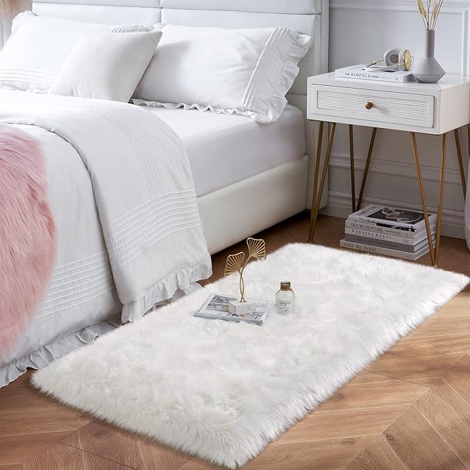 Faux Fur Rug, White Small Fluffy Rug for Sofa Chair Couch Cover 2x4 Feet, Ultra Soft Fuzzy Shag Rug for Bedroom, Indoor Shaggy Plush Floor Carpets Luxury Home Decor for Bedside