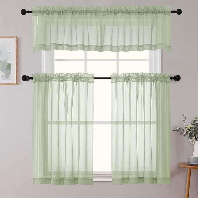 Cafe Curtains 36 Inch Length Tier 2 Pieces, Modern Soft Airy Sheer Kitchen Short Curtains for Small Window, Rod Pocket Small Curtain for Bathroom Basement, Light Green, 42" Wx36 L Inches