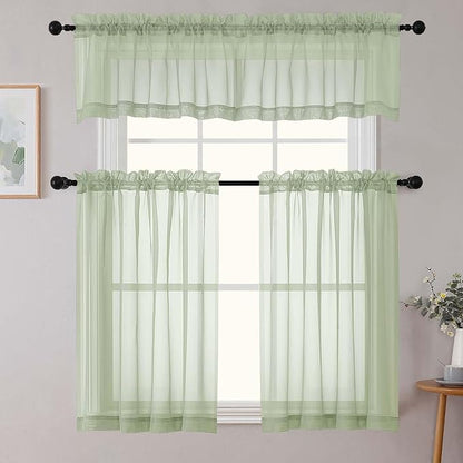 Light Green Kitchen Curtains 30 Inch Length Tier 2 PCS, Solid Soft Airy Half Curtains for Windows, Sheer Rod Pocket Drapes for Bathroom Basement Small Window, Light Green, 42" Wx30 L Inches