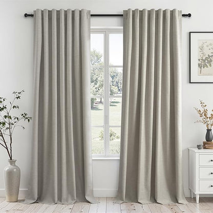 Flax Grey Blackout Curtains 95 Inch Length 2 Panels for Dining Room Darkening Curtain for Bedroom Linen Textured 100% Black Out Sunblock Light Blocking Long Drapes for Living Room Patio Door Back Tab