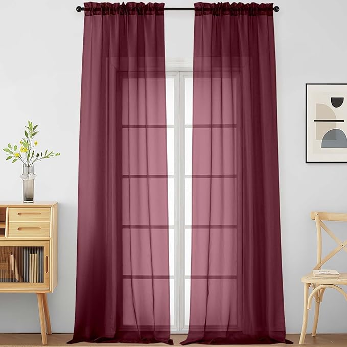 Burgundy Sheer Curtains for Windows 108 inches Long 2 Panels Set, Soft Lightweight Light Filtering Drapes for Living Room Bedroom, Dual Rod Pocket Sheer Curtains, 2x42Wx108L inches