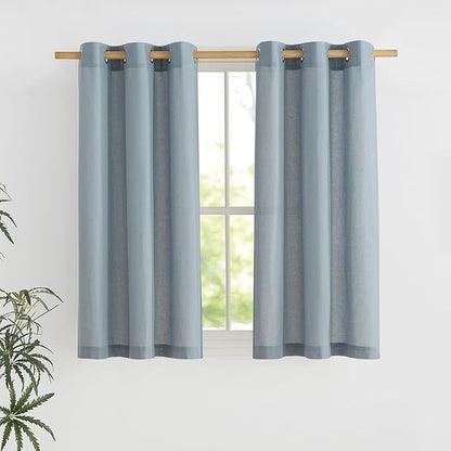 NICETOWN Stone Blue Short Linen Curtains for Kitchen, Thick Flax Small Window Treatments Semi Sheer Privacy Assured with Light Through for Cafe/Bathroom, W42 x L48, 2 Panels