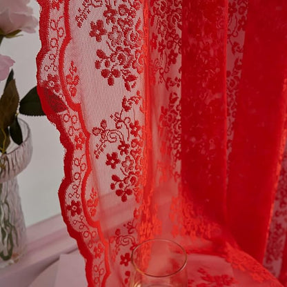 YJ YANJUN Vintage Lace Curtains 45 Inch Length Victorian Floral Pattern Red Sheer Curtain Panels for Living Room Bedroom,Light Filtering, Xmas Gift for Holiday Decor 2 Panels 52W x 45L
