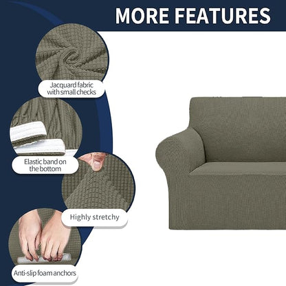 Cupuamon 2026 New Stretch Sofa Slipcovers Couch Cover for 3 Cushion Furniture Protector Sofa Covers with Elastic Bottom Jacquard Fabric Small Checks for Pets, Kids -Sofa, Khaki