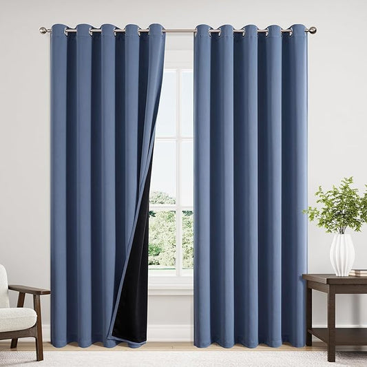 ChrisDowa 100% Blackout Curtains 84 inch Long for Bedroom with Black Liner, Extra Wide 2 Thick Layers Total Blackout Thermal Insulated Grommet Window Curtains 2 Panels Set (Stone Blue, 60 x 84 Inch)