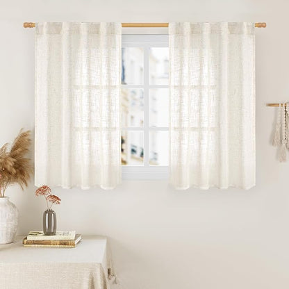 LAMIT Cream Linen Curtains 40 Inch for Small Window, Light Filtering Neutral Semi Sheer Window Boho Curtains Back Tab and Rod Pocket Panels for Kitchen/Living Room, 2 Panels, 34 x 40 Inch