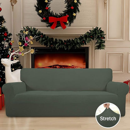 Easy-Going Stretch Sofa Slipcover 1-Piece Sofa Cover Furniture Protector Couch Soft with Elastic Bottom for Kids, Polyester Spandex Jacquard Fabric Small Checks (Sofa, Olive Green)