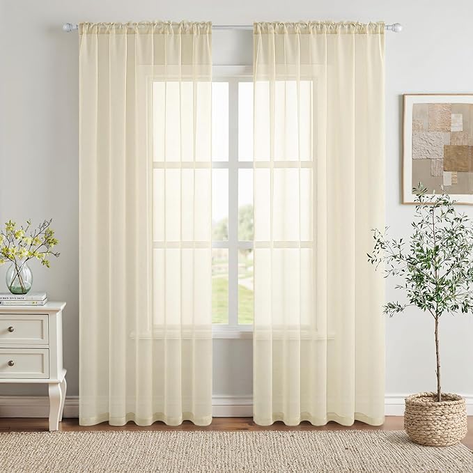 MIULEE 2 Panels Solid Color Light Cream Sheer Window Curtains Elegant Window Voile Panels/Drapes/Treatment for Bedroom Living Room (54 X 102 Inches Light Cream)