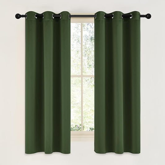 NICETOWN Dark Green Blackout Cafe Satin Curtains for Small Windows, 42" Wide by 63" Long, 2 Panels, Grommet Noise Reducing Faux Silk Blackout Drapes for Dining Room