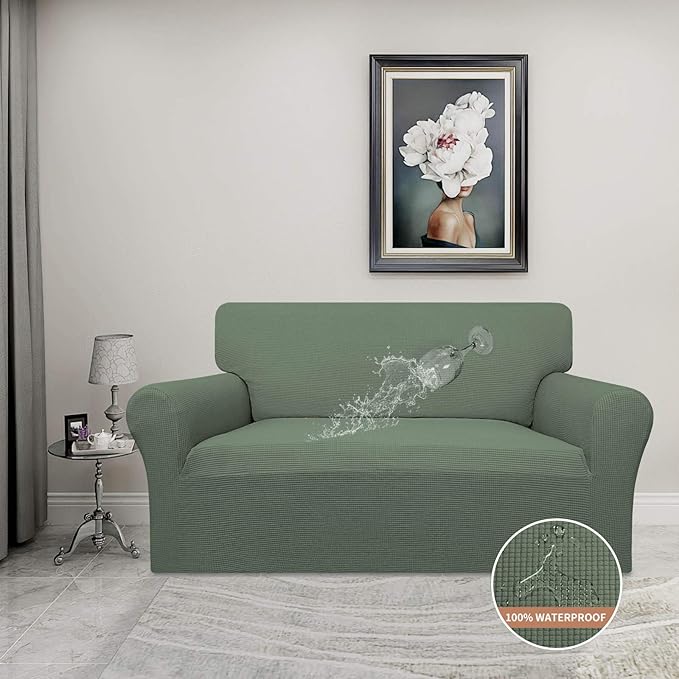 Easy-Going 100% Waterproof Oversized Loveseat Couch Cover, Dual Waterproof Sofa Cover, Stretch Jacquard Sofa Slipcover, Leakproof Furniture Protector for Kids, Pets, Grayish Green