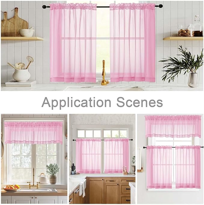 Pink Kitchen Curtains 30 Inch Length Tier 2 PCS, Solid Soft Airy Half Curtains for Windows, Pink Sheer Rod Pocket Drapes for Bathroom Basement Small Window, 42" Wx30 L Inches