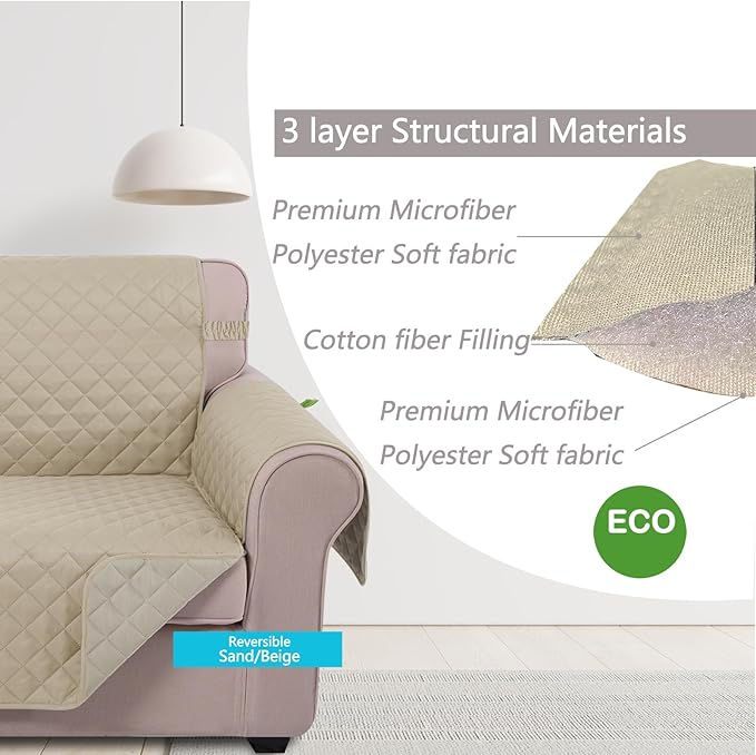 U-NICE HOME Reversible Oversized Chair Covers Quilted Water Repellent Pet Protectors with Elastic Straps(28''Armchair, Sand/Beige)