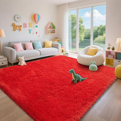 Red Shag Area Rugs for Bedroom Living Room,Ultra Soft Fluffy Christmas Area Rugs 8x10 for Dorm,Indoor Carpet Nursery Rugs for Kids Girls Room Home Decor (Red, 8x10 Feet)