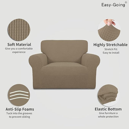 Easy-Going Stretch Oversized Chair Sofa Slipcover 1-Piece Couch Sofa Cover Furniture Protector Soft with Elastic Bottom for Kids Spandex Jacquard Fabric Small Checks Natural