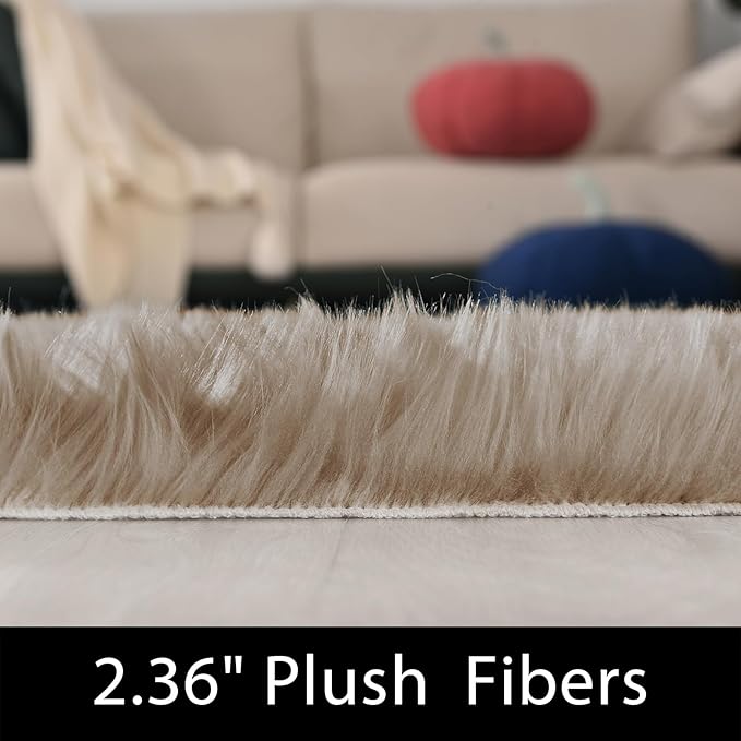 Latepis Shag Area Rug 6.7x10 Light Brown Beige Washable Faux Fur Fuzzy Rugs for Living Room Sheepskin Rugs for Bedroom Room Soft Accent Carpet Home Decor Rectangle