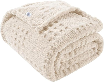 50x70 Inch Waffle Beige Throw Blanket -Fluffy Fleece, Neutral Tan Color, Cute & Aesthetic, Perfect for Sofa, Couch, Chair, Bed, Living Room & Bedroom, All-Season Use, Plush & Cozy Decorative Blanket