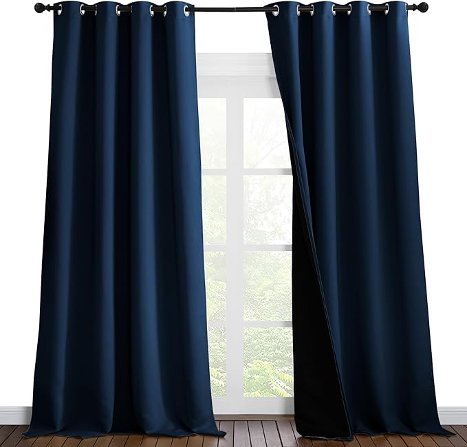 NICETOWN 100% Blackout Blinds, Laundry Room Decor Window Treatment Curtains for Large Patio Sliding Door, Thermal Insulated Moroccan Blue Curtains for Bedroom, Set of 2, 52 inches x 108 inches