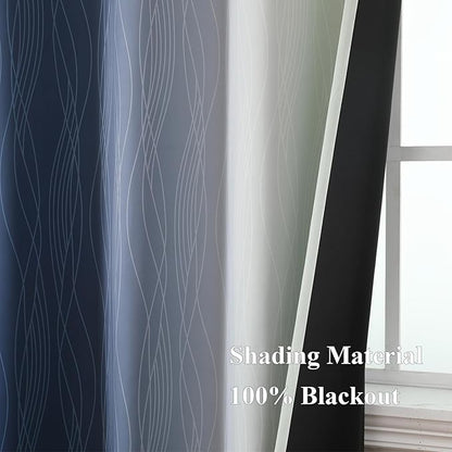 Estelar Textiler Navy Blue and Sage Green Ombre Blackout Curtains for Bedroom, Thermal Insulated Full Room Darkening Grommet Gradient Drapes for Living Room, 42Wx84L, 2 Panels