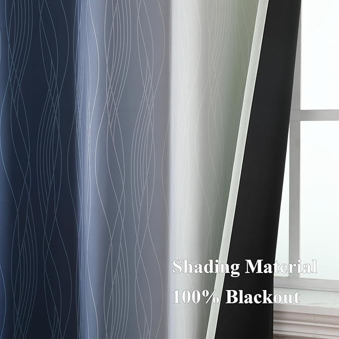 Estelar Textiler Navy Blue and Sage Green Ombre Blackout Curtains 63 Inches Long 2 Panels, Full Room Darkening Grommet Curtains for Bedroom, Thermal Insulated Light Blocking Gradient Drapes, 42Wx63L