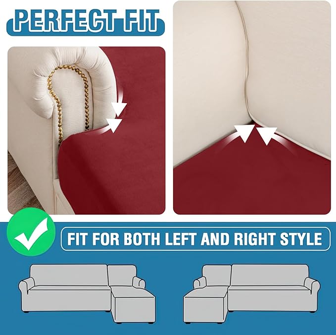 Couch Cover 4-Piece Elastic Velvet Couch Cushion Covers & Chaise Slipcovers for L-Shaped Sofas, Sofa Seat Covers Washable, Soft Cover for Couches (3 Seater + Chaise, Christmas Red)