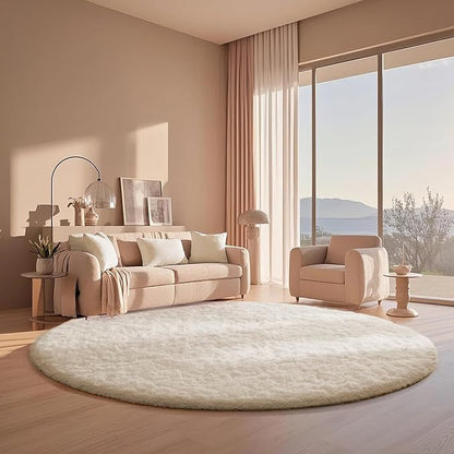 Ophanie Round Rugs 6Ft Ivory Circle Area Rug, Aesthetic Room Decor, Fluffy Fuzzy Bedroom Carpet, Plush Soft Shaggy Cream Living Room Rugs for Kids Home Decor, Nursery