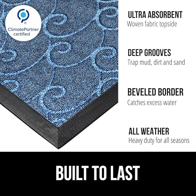 GORILLA GRIP 100% Waterproof All-Season WeatherMAX Doormat, 72x24, US Designed Natural Rubber, Stain and Fade Resistant, Low Profile Indoor Outdoor Door Mats, Easy Clean Patio Mat, Ocean Blue Waves