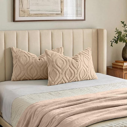 decorUhome Throw Pillow Covers 12x20 Inch Set of 2, Soft Plush Faux Wool Light Khaki Solid Couch Pillow Covers, Accent Farmhouse Neutral Rectangle Pillow Cases for Sofa Bed Living Room