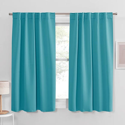 PONY DANCE Room Darkening Curtains - Bedroom Window Treatment Panels Back Tab/Rod Pocket Short Blackout Curtains Light Filtering Elegant Home Decoration, 42 by 45 Inches, Blue Mist, 1 Pair