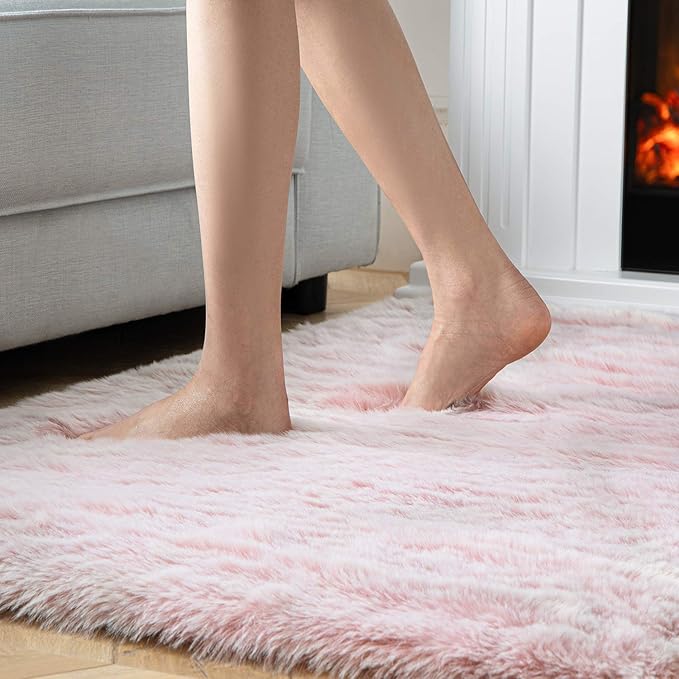 Ashler HOME DECO Soft Fox Faux Fur Chair Couch Cover Area Rug for Bedroom Floor Sofa Living Room Pink White Rectangle 3 x 5 Feet