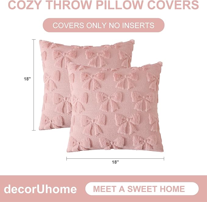 decorUhome Pink Bow Pillow Covers Set of 2 Coquette Aesthetic Cute Preppy Plush Faux Pillowcases for Girly Bedroom or Couch 18x18 Inch