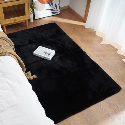 Ghouse Ultra Soft Faux Rabbit Fur Rug, Machine Washable Area Rugs for Bedroom Fluffy Rugs for Living Room, No-Shedding Carpet Sheepskin Runner Rugs Black 2 x 8 Feet