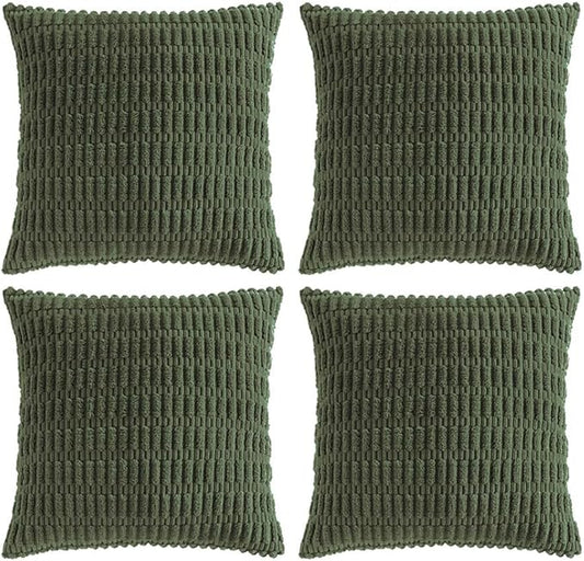 Fancy Homi 4 Packs Boho Olive Green Decorative Throw Pillow Covers 26x26 Inch for Couch Bed Sofa, Rustic Modern Farmhouse Home Decor, Soft Plush Corduroy Cute Square Cushion Case 66x66 cm
