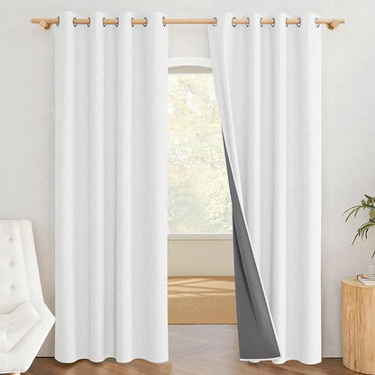 NICETOWN 100% Absolutely Blackout Linen Curtains with Thermal Insulated Grey Liner, Greyish White, 52 inches Wide, 84 inches Length Energy Saving Curtains for Living Room 2 Panels Set, Vertical Blinds
