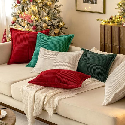 MIULEE Decorative Throw Pillow Covers for Couch Bed Livingroom 18x18 Inch Set of 2 White Boho Accent Throw Pllows Broadside Striped Patchwork Soft Corduroy Pillowcases