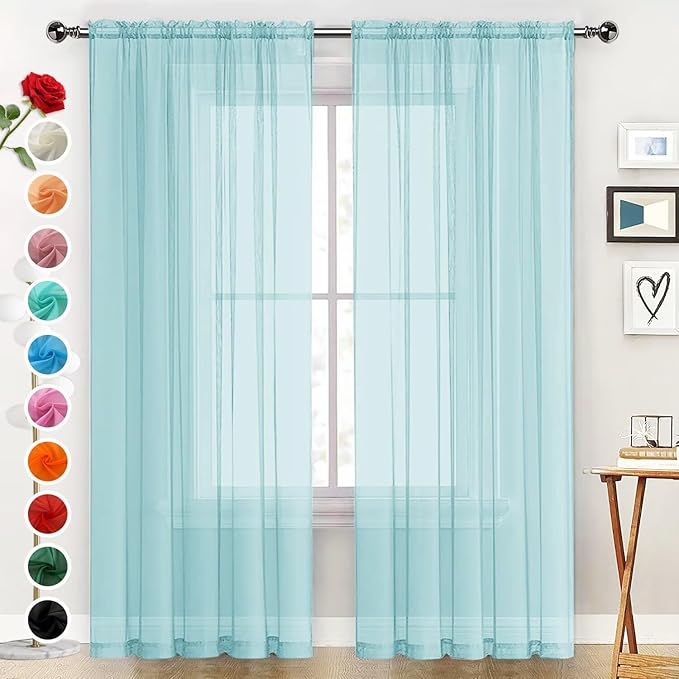 SpaceDresser Basic Rod Pocket Sheer Voile Window Curtain Panels Sky Blue 1 Pair 2 Panels 52 Width 90 Inch Long for Kitchen Bedroom Children Living Room Yard（Sky Blue, 52W x 90L）