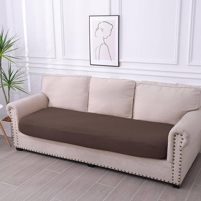 hyha Waterproof Couch Cushion Covers for Pets, Non Slip Sofa Seat Cover for Dogs Washable, Soft Thick Stretch Jacquard Fabric, Sofa Slipcovers with Elastic Bottom (1 Piece for Large, Brown)
