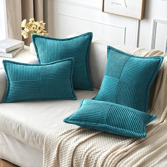 MIULEE Decorative Lumbar Throw Pillow Covers for Couch Bed Livingroom 12x20 Inch Set of 2 Teal Blue Boho Accent Throw Pllows Broadside Striped Patchwork Soft Corduroy Summer Coastal Pillowcases